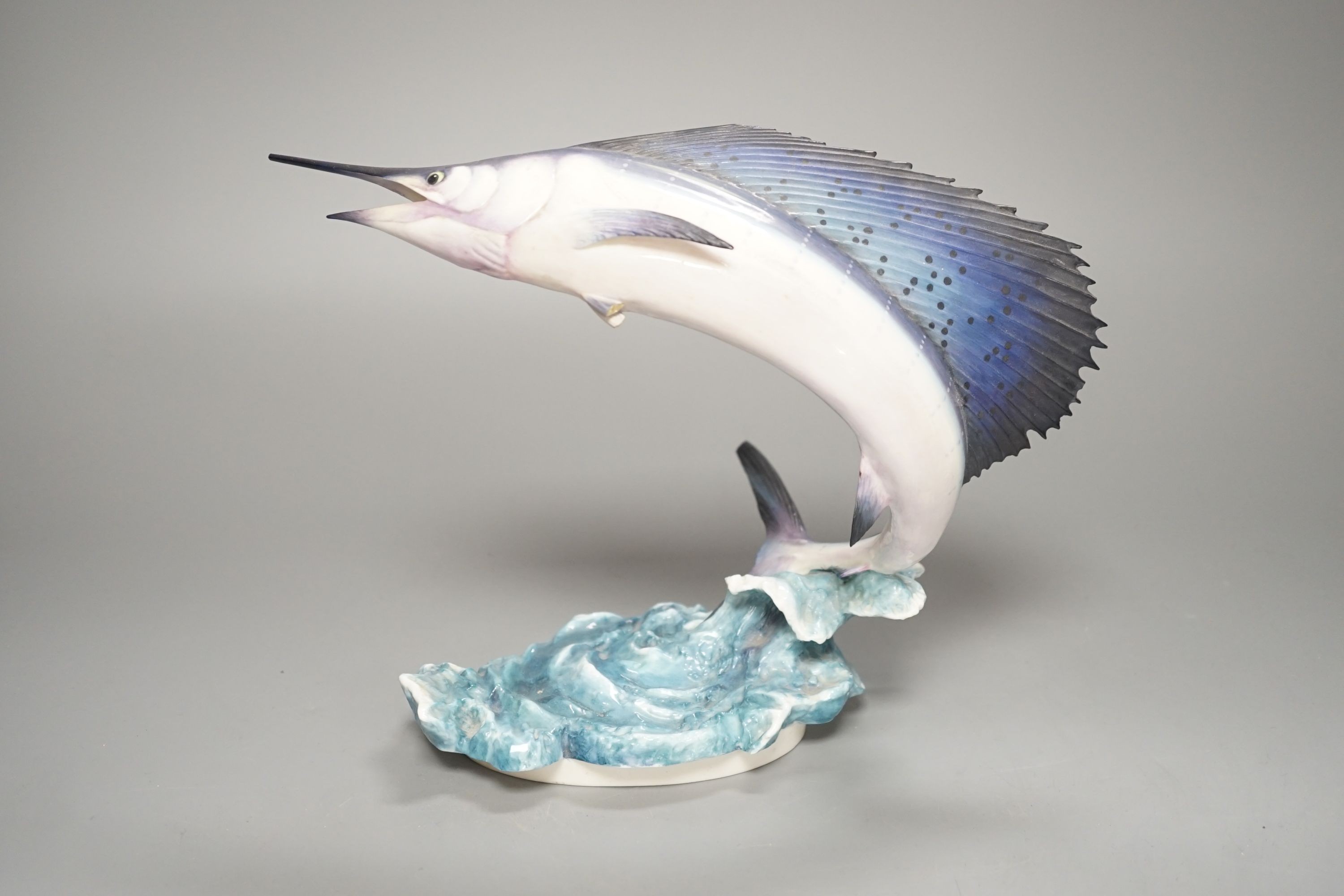 A Royal Worcester porcelain model of a Sailfish, (Istiophorous Americanus), modeled by Ronald Van Ruyckevelt, number 179 of 500, from the ‘’Sporting Fish’’ series